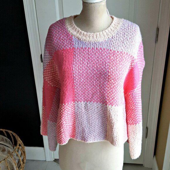 NWT! OVERSIZED PINK PLAID Boho SWEATER SZ L - Picture 5 of 5